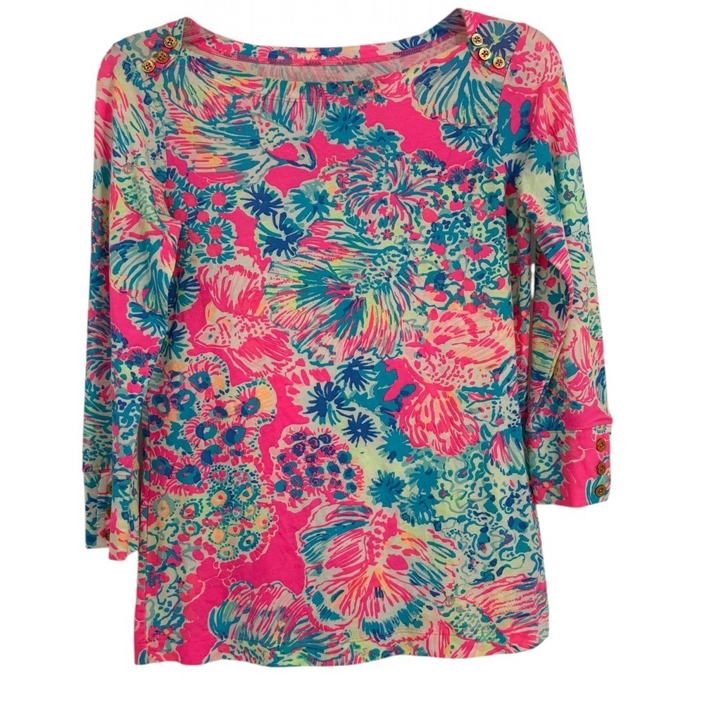 Lilly Pulitzer Size S Alinda Top Blue Pink Fish Coral Gold Buttons 3/4 Sleeves